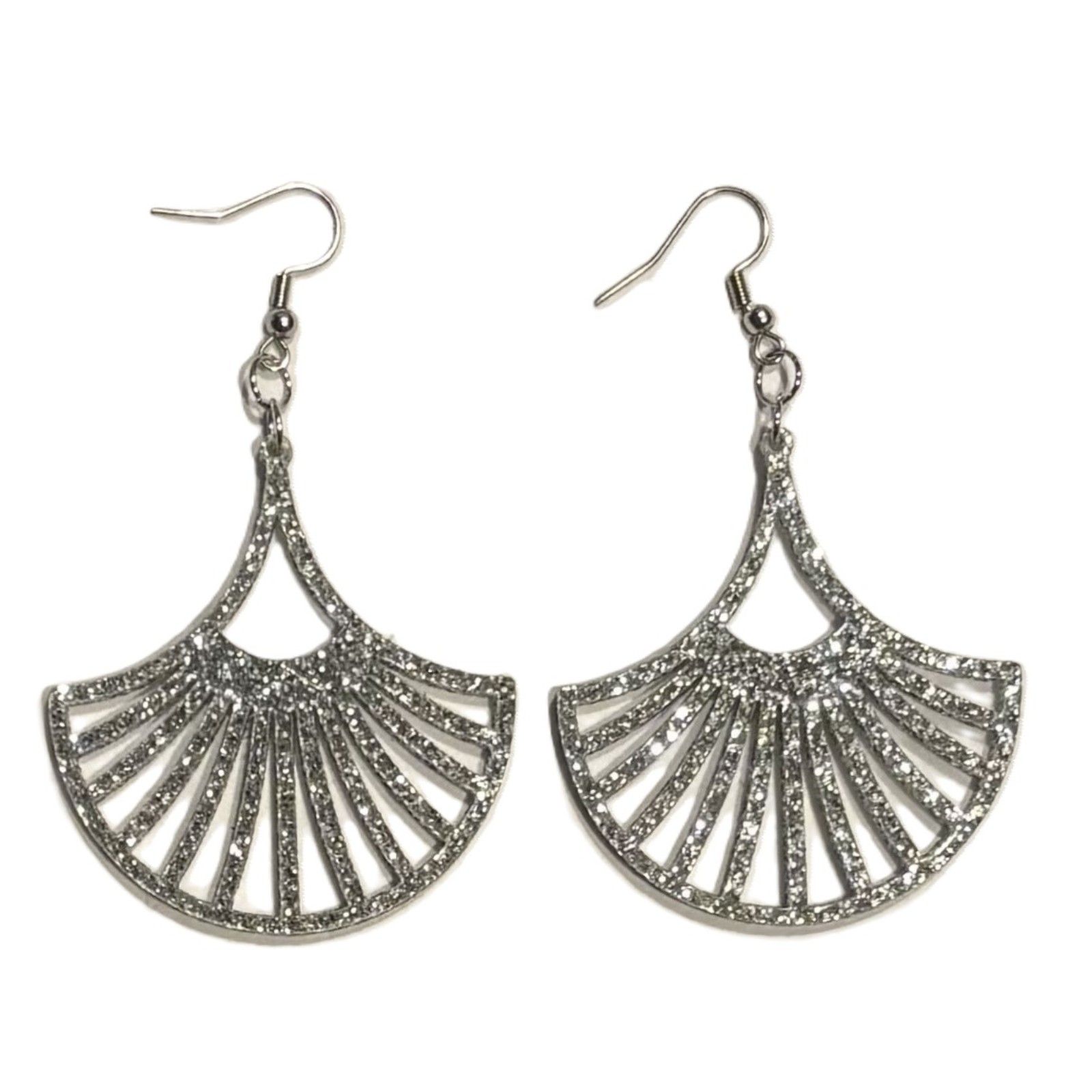 Acrylic Earrings - 2" X 1.88" - Fan - Silver Glitter - E066-A10